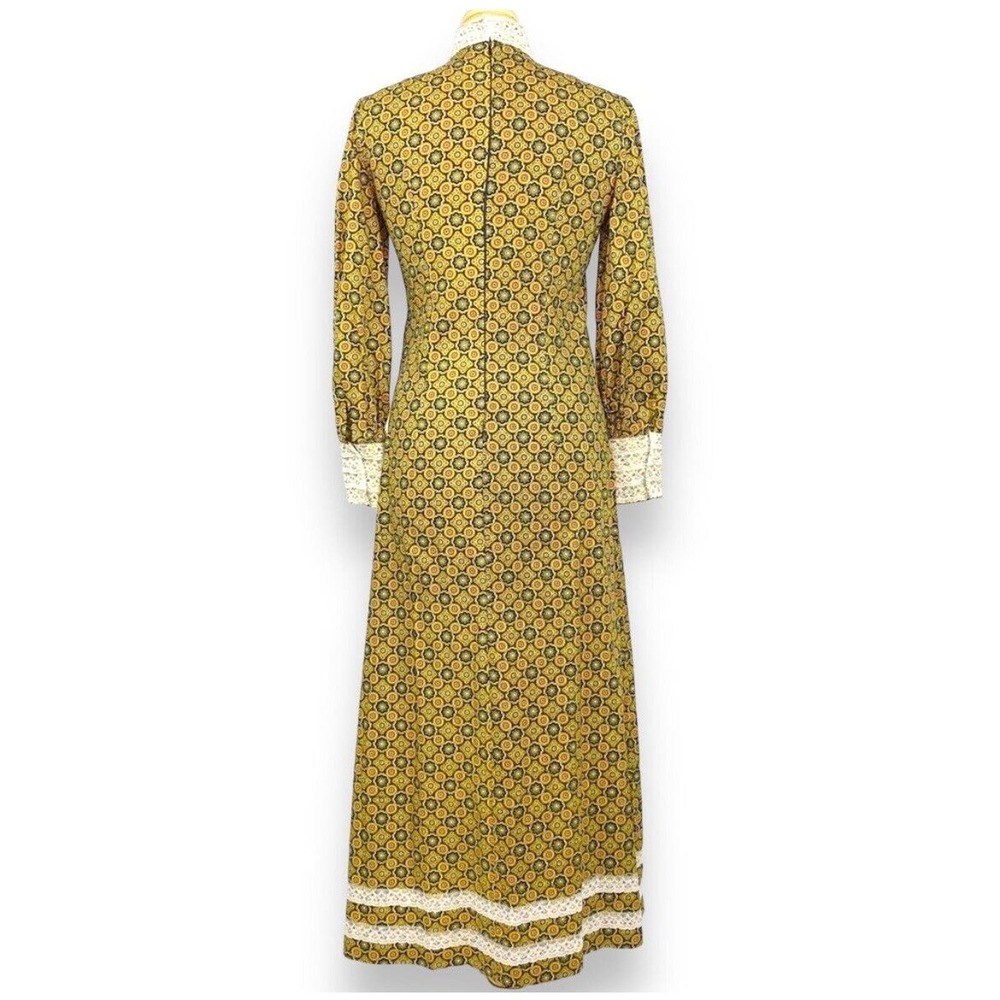 Vintage 60s Handmade Mandala Print Maxi Dress Long Sleeve Gown Lace Trim Hippie - Picture 3 of 9